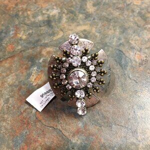 Silvertone Metal Art Deco Rhinestone Stretch Ring-NWT